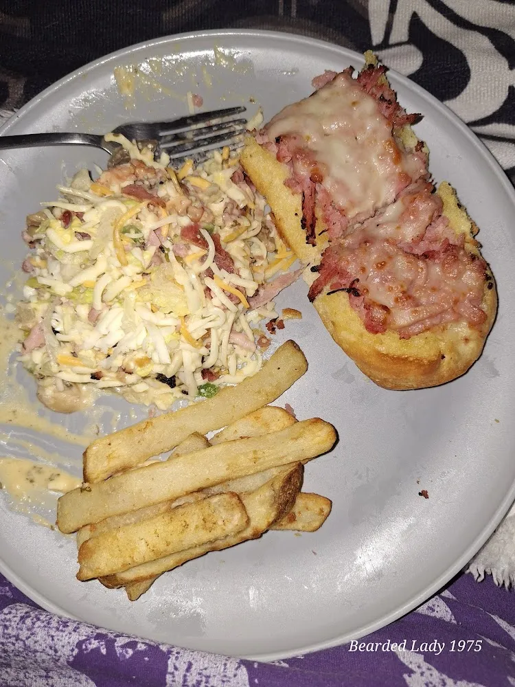 Ham and Cheese on Garlic Bread Fries and Part of an Antipasto Salad